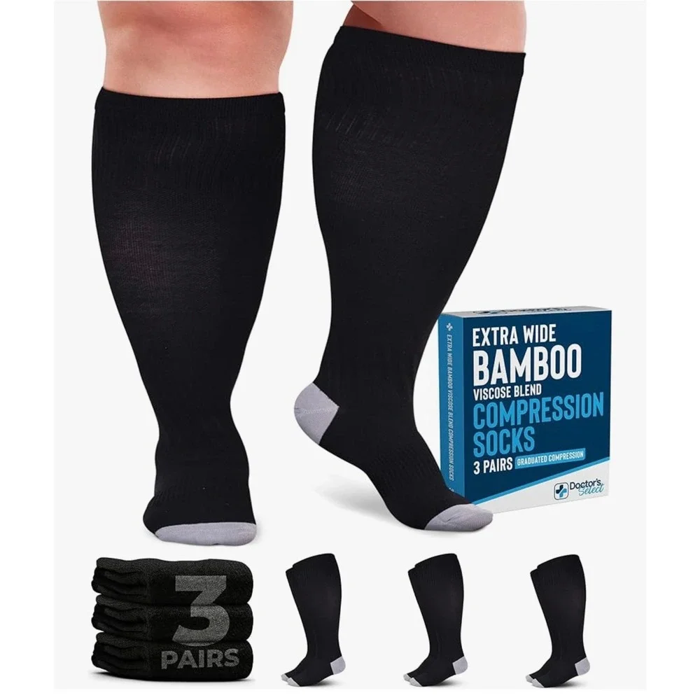 Doctor's Select 3 Pairs Extra Wide Bamboo Viscose Compression Socks Black Grey